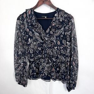 1. State Women's Blouse Size S Ruffle Front Chiffon Blue Floral Paisley Print